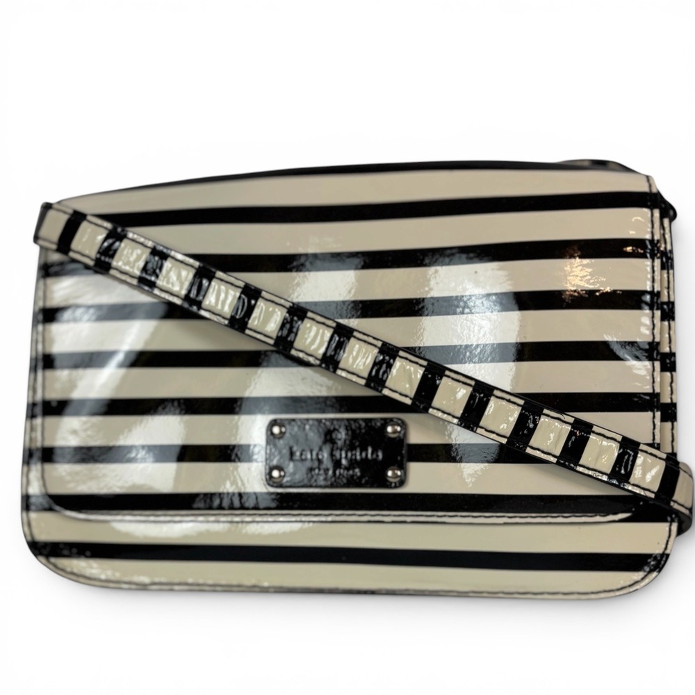 Kate Spade Wellesley Striped Patent Leather Crossbody Bag Black White Small